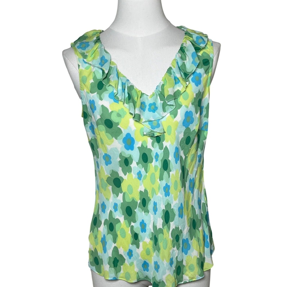 Talbots Petites Silk Floral V Neck Sleeveless Ruffle Blouse‎ Top Size 8